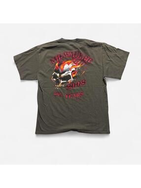2008 Milwaukee 105 years skull tee with flaming skull graphic